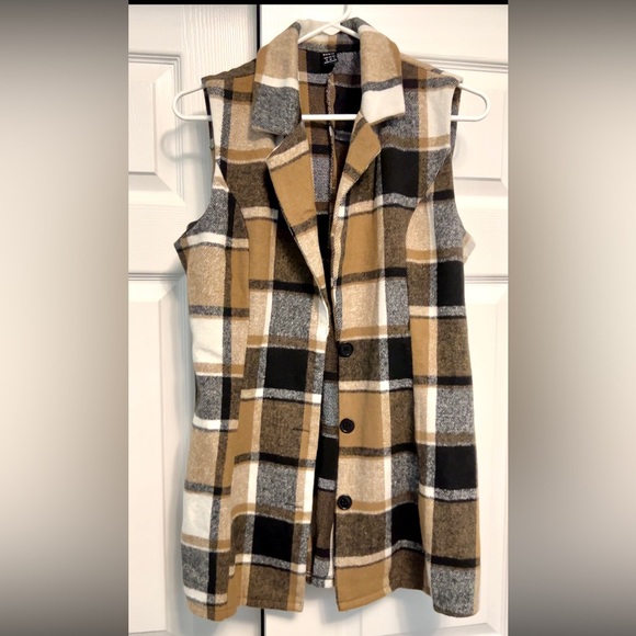 **size m** SHEIN NWOT Plaid Sleeveless Coat With Button - Picture 2 of 6
